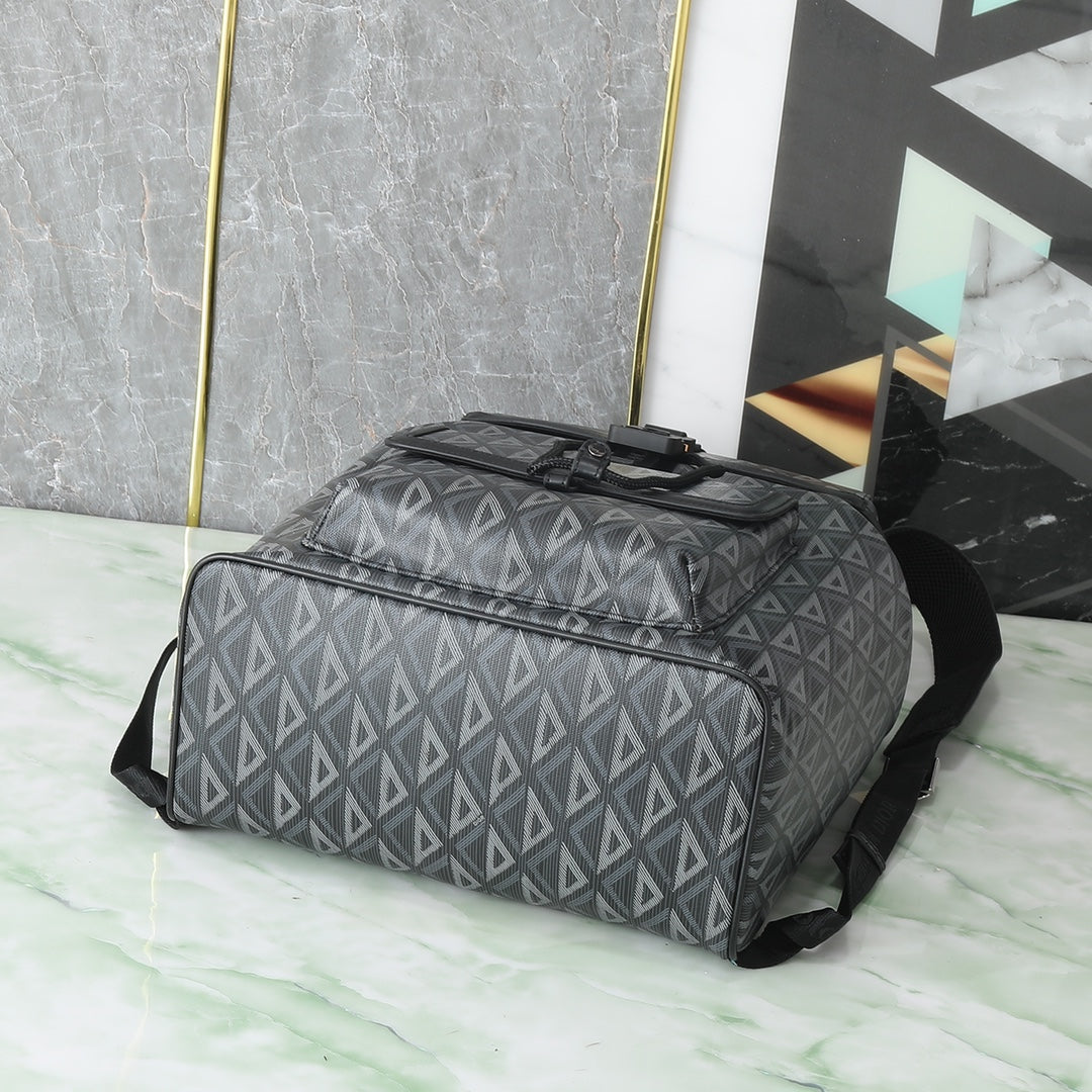 Dior Grey Geometric Diamond Print Flap Backpack with Buckle Strap