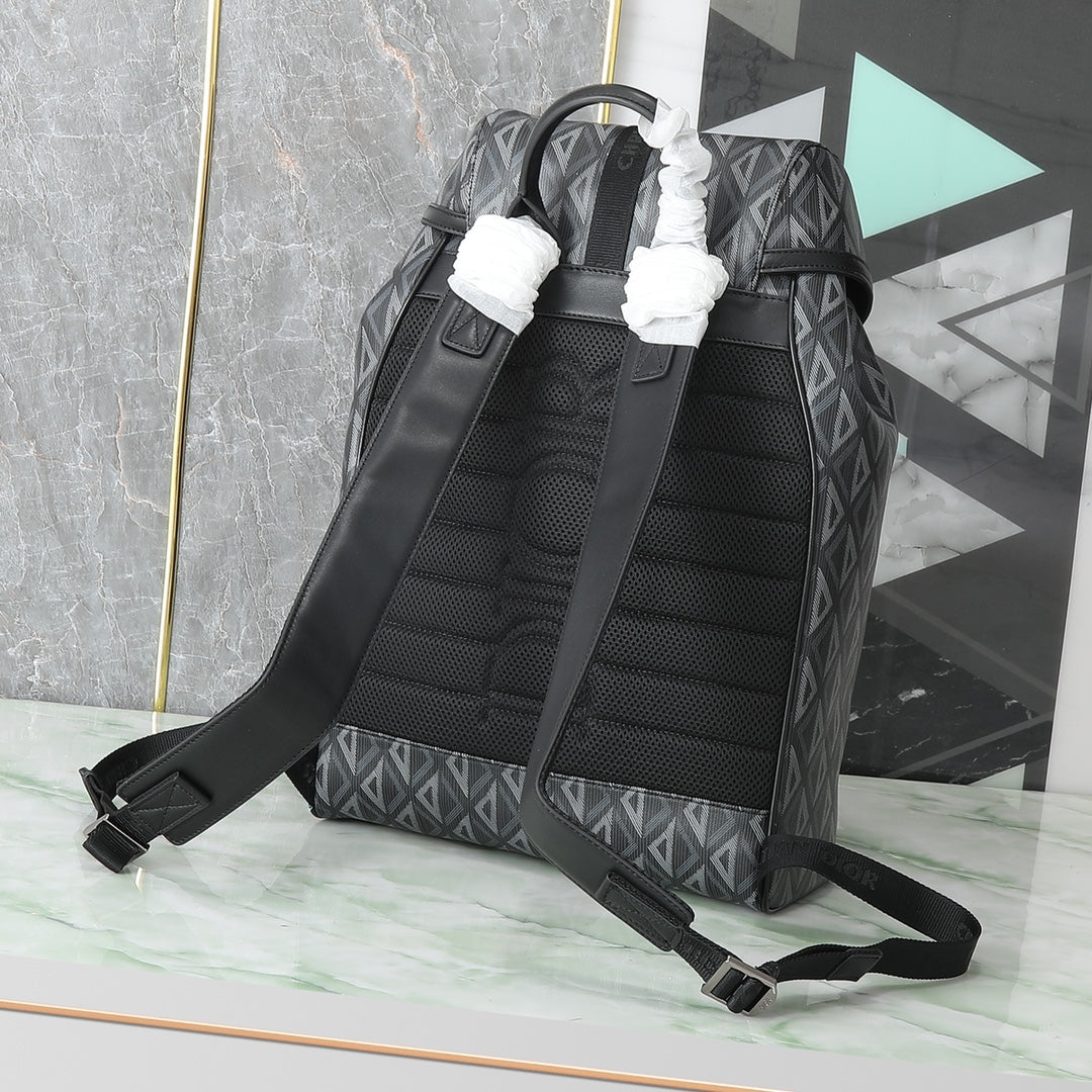 Dior Grey Geometric Diamond Print Flap Backpack with Buckle Strap