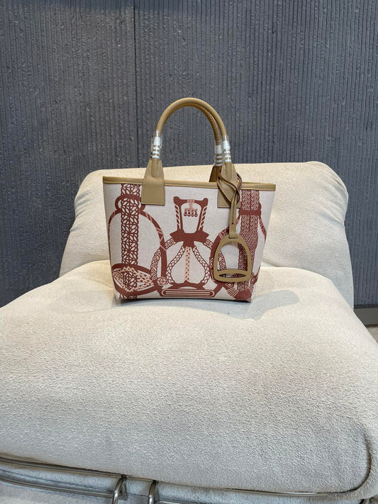 Equestrian Print Canvas Mini Tote Bag with Stirrup Charm
