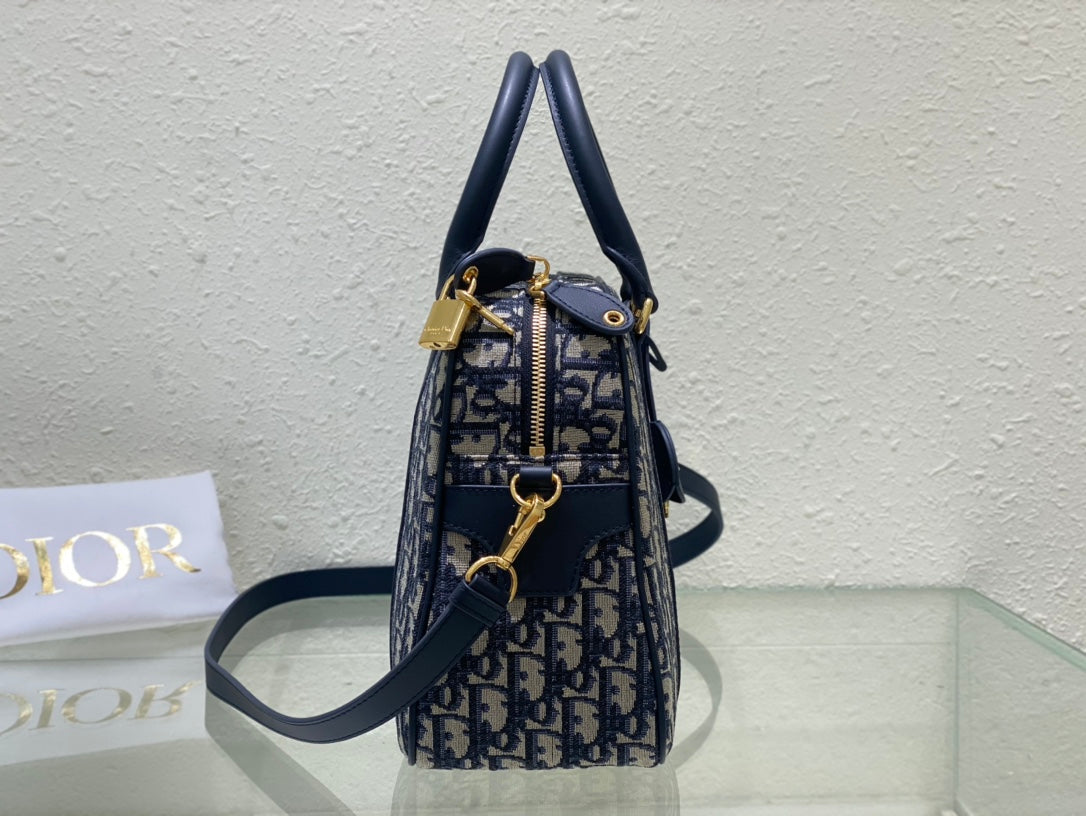 Dior Vintage Navy Blue Monogram Jacquard Bowling Bag with Shoulder Strap