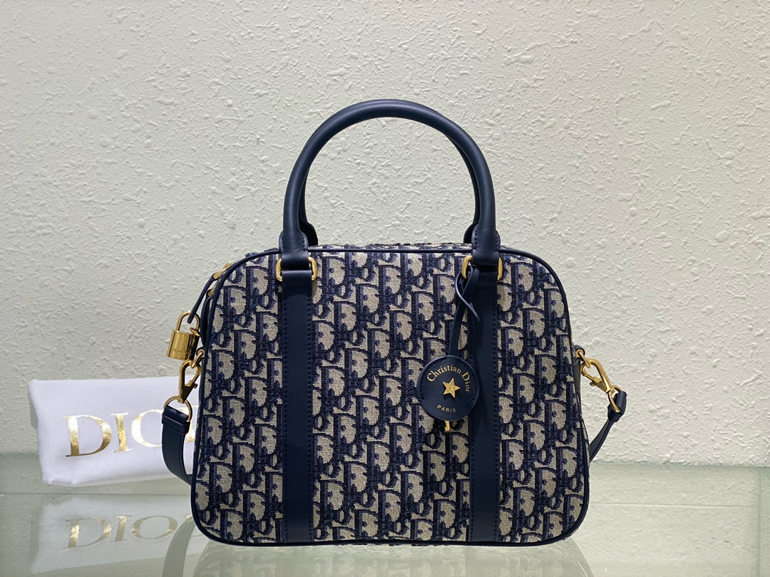 Dior Navy Blue Monogram Canvas Top Handle Satchel with Shoulder Strap