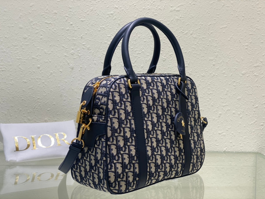 Dior Navy Blue Monogram Canvas Top Handle Satchel with Shoulder Strap