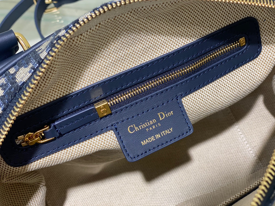 Dior Vintage Navy Blue Monogram Jacquard Bowling Bag with Shoulder Strap