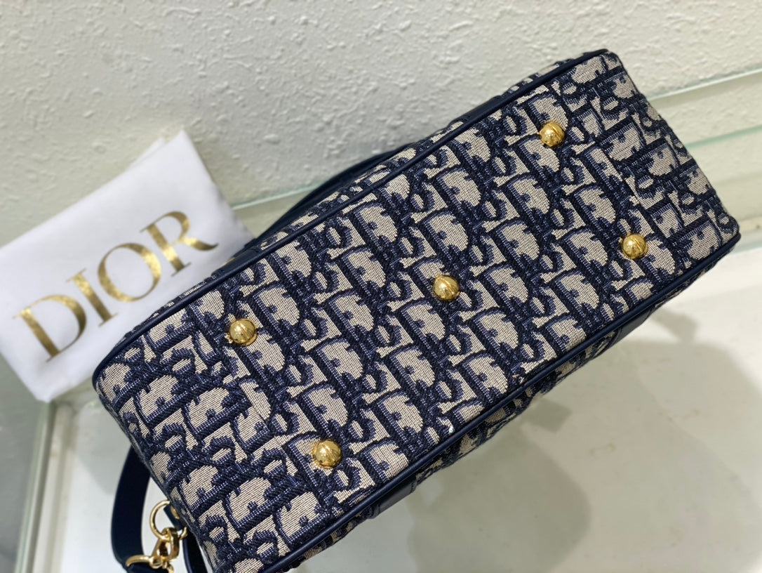 Dior Vintage Navy Blue Monogram Jacquard Bowling Bag with Shoulder Strap