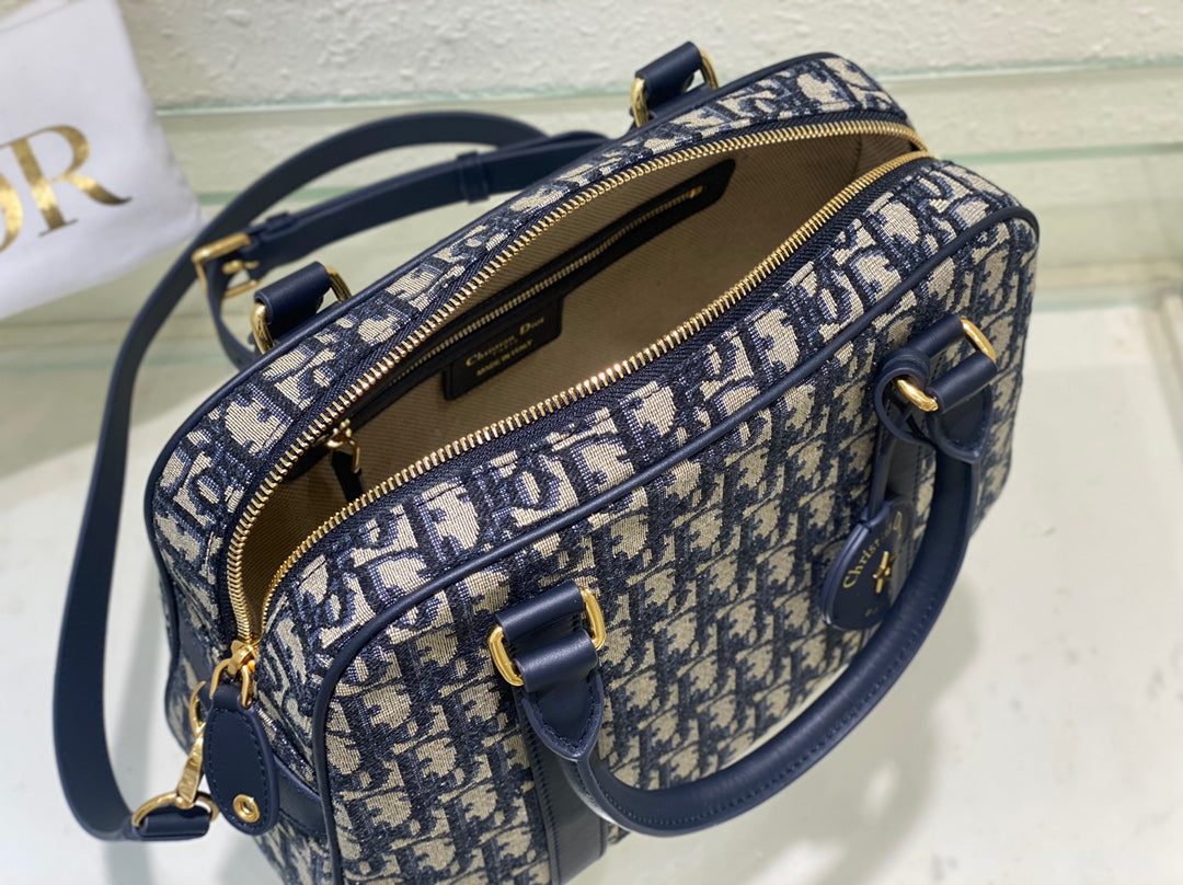 Dior Vintage Navy Blue Monogram Jacquard Bowling Bag with Shoulder Strap