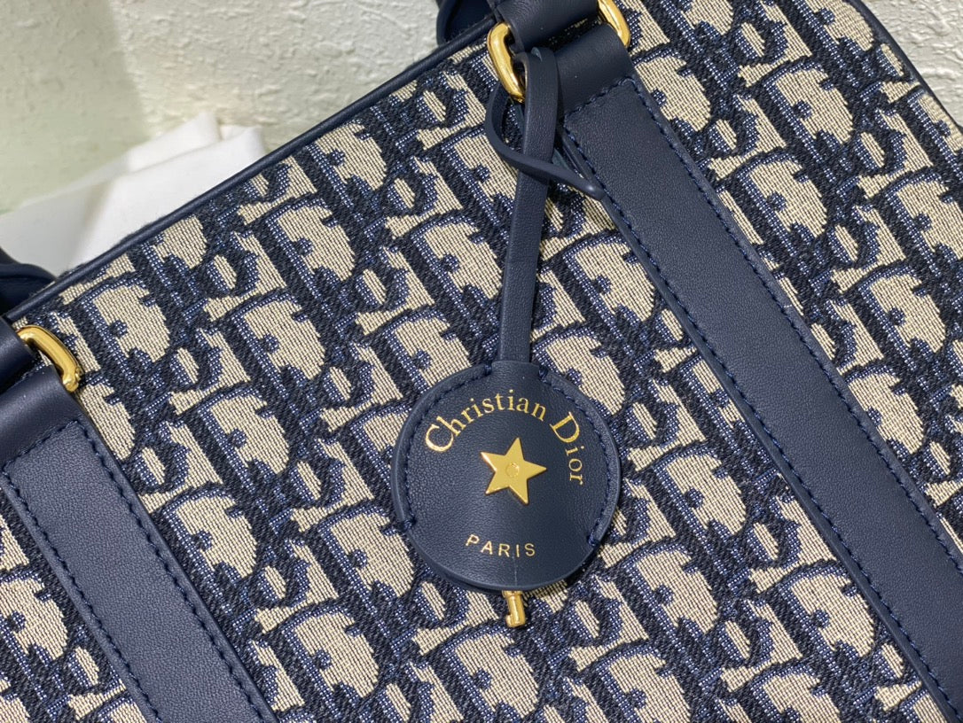 Dior Oblique Canvas Handbag - Navy Blue &amp; Beige Monogram Boston Bag