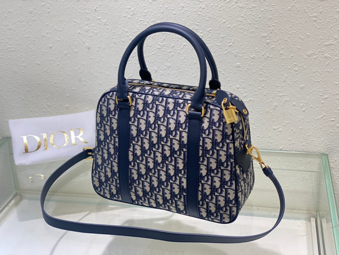 Dior Navy Blue Monogram Canvas Top Handle Satchel with Shoulder Strap