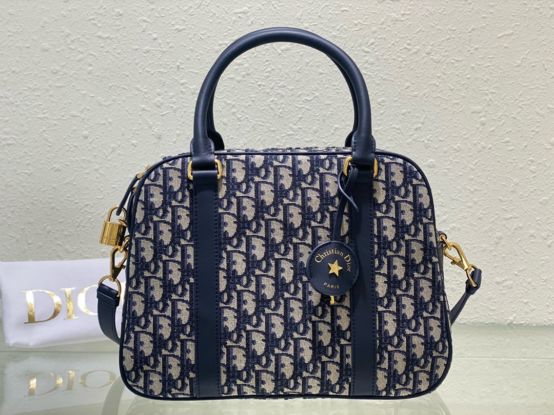 Dior Navy Blue Monogram Canvas Top Handle Satchel with Shoulder Strap