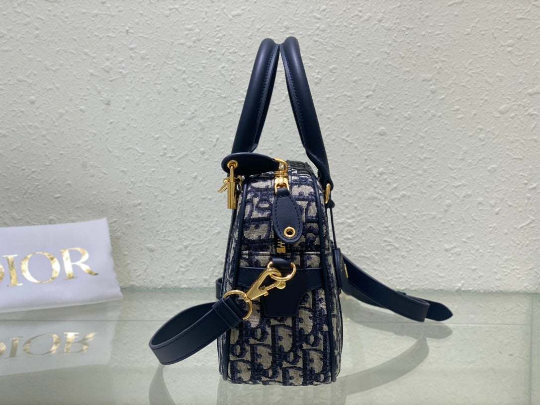 Christian Dior Oblique Jacquard Mini Bowling Bag - Blue Canvas Handbag