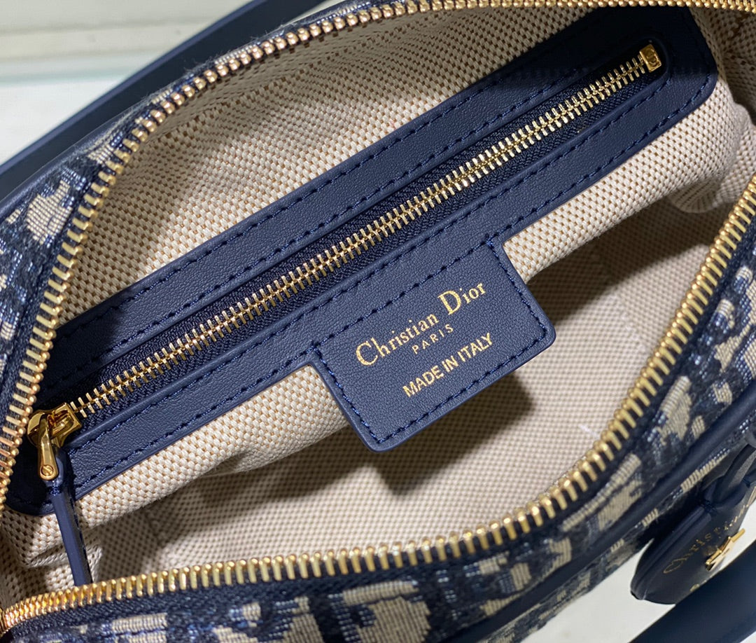 Dior Classic Blue Monogram Canvas Bowler Handbag with Gold Hardware