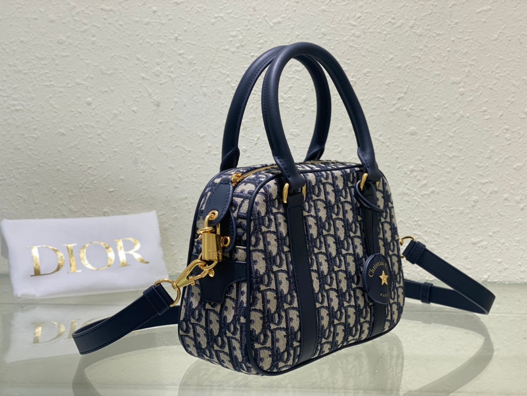 Women's Mini Monogram Canvas Bowling Bag with Shoulder Strap - Blue