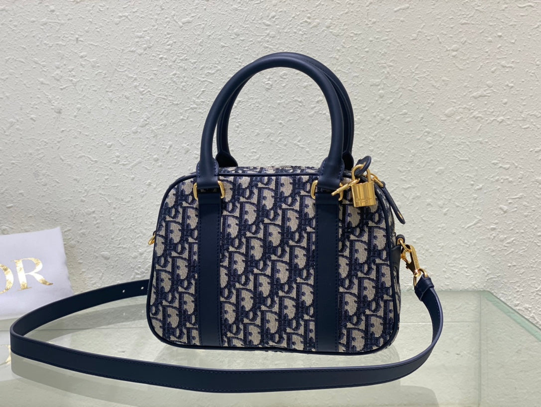 Dior Classic Blue Monogram Canvas Bowler Handbag with Gold Hardware