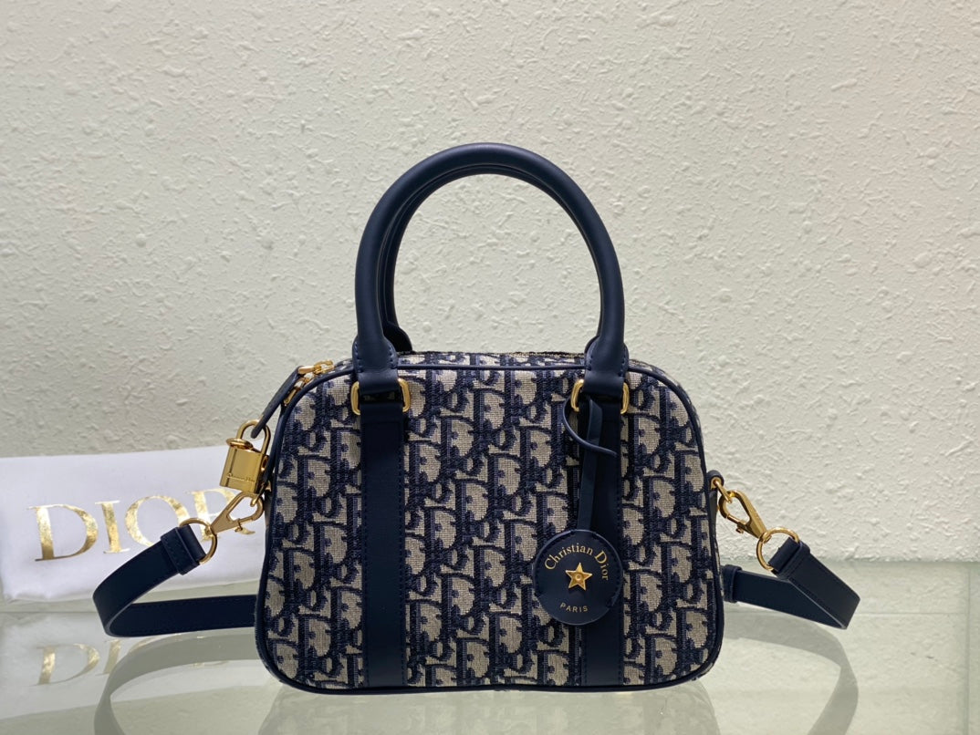 Dior Navy Blue Monogram Canvas Mini Bowling Bag with Shoulder Strap