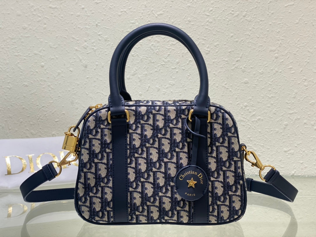 Dior Navy Blue Monogram Canvas Mini Bowling Bag with Shoulder Strap