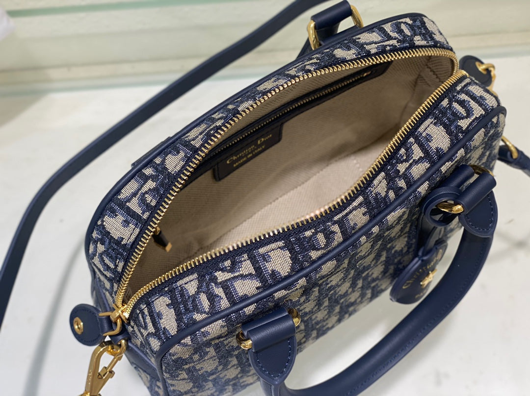 Dior Navy Blue Monogram Canvas Mini Bowling Bag with Shoulder Strap