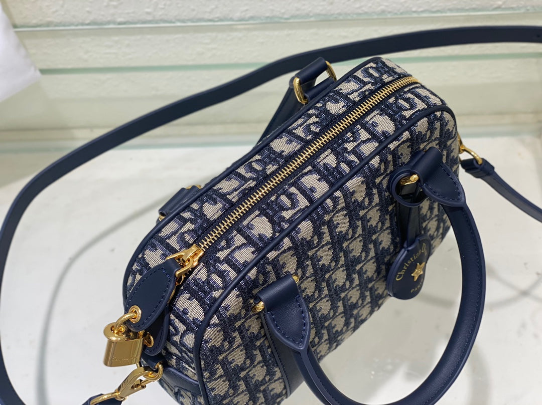 Dior Navy Blue Monogram Canvas Mini Bowling Bag with Shoulder Strap
