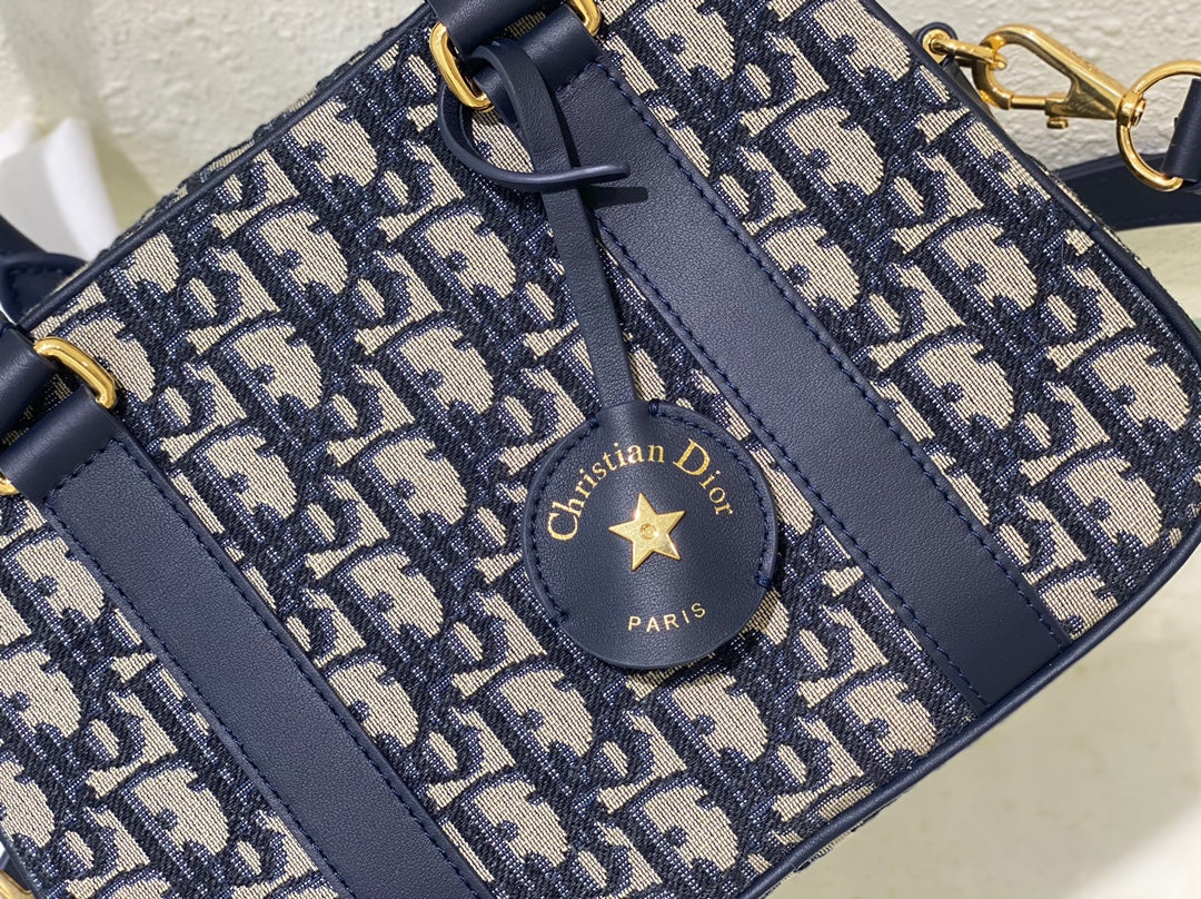 Dior Vintage Blue Monogram Top Handle Crossbody Bag with Gold Hardware
