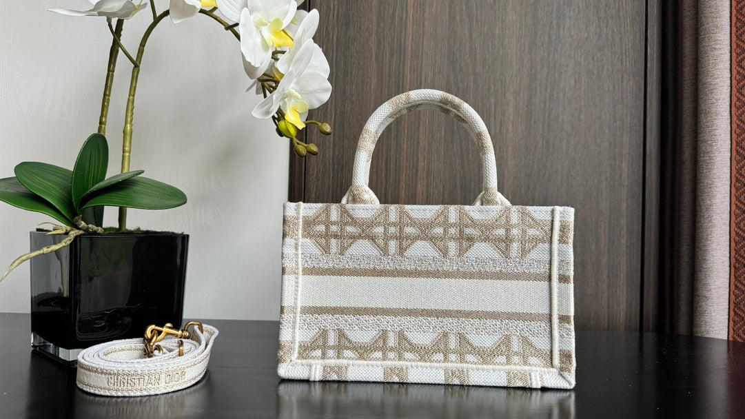 Dior Elegant Beige Geometric Embroidered Mini Canvas Tote Handbag