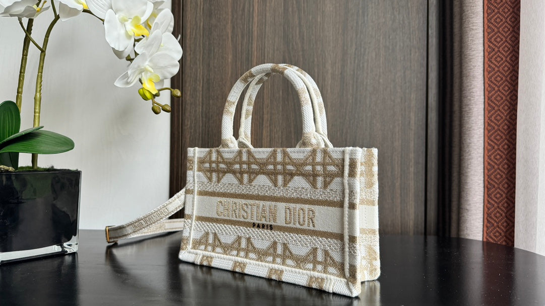 Dior Elegant Beige Geometric Embroidered Mini Canvas Tote Handbag
