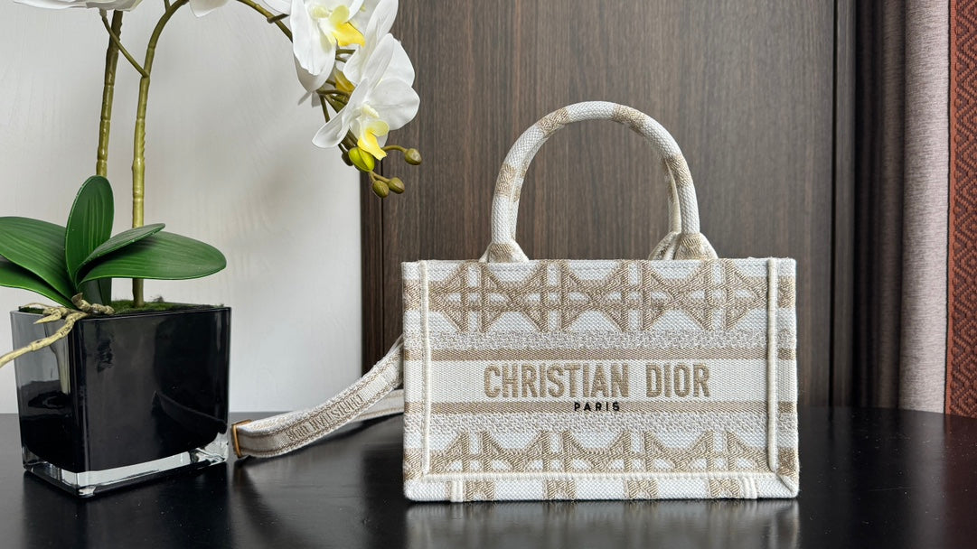 Dior Elegant Beige Geometric Embroidered Mini Canvas Tote Handbag