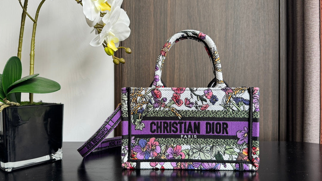 Dior Vintage Purple Floral Embroidered Canvas Mini Tote Bag