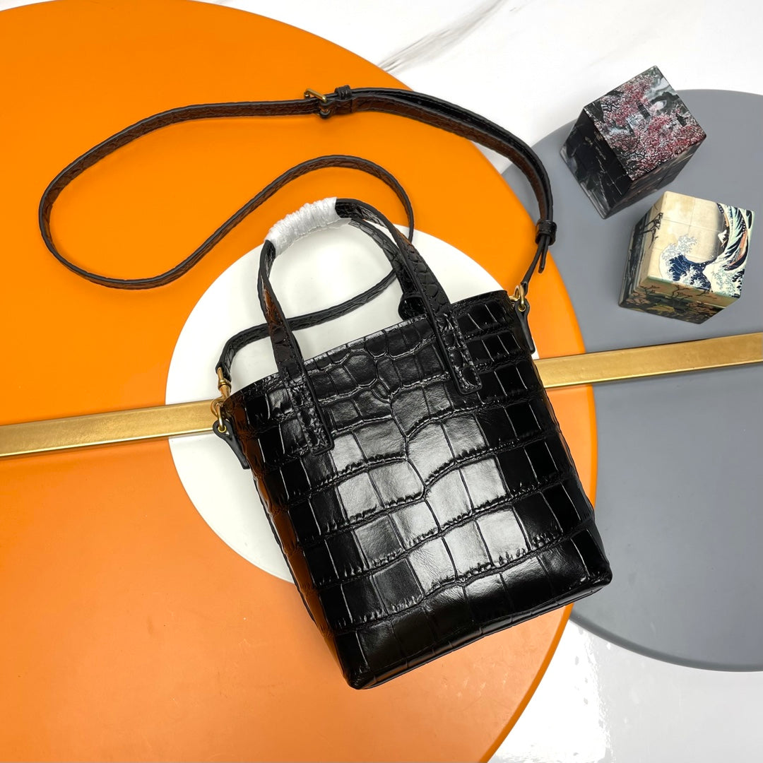 Black Crocodile Embossed Leather Mini Tote Bag - Elegant Crossbody Handbag