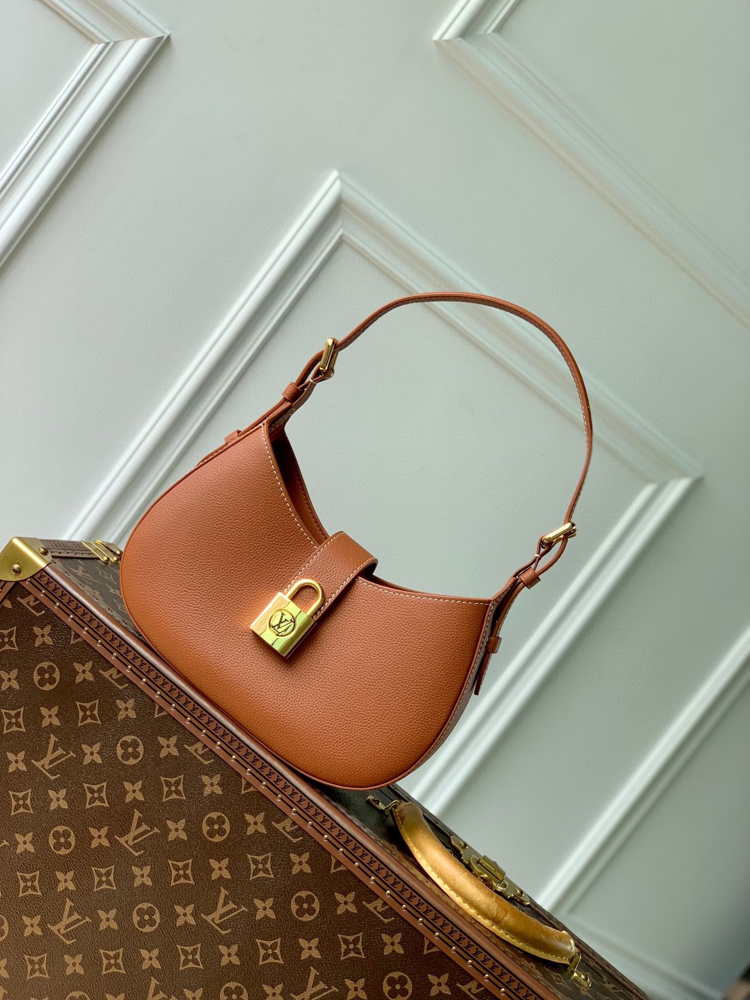 Louis Vuitton Classic Tan Leather Crescent Shoulder Bag with Gold Padlock