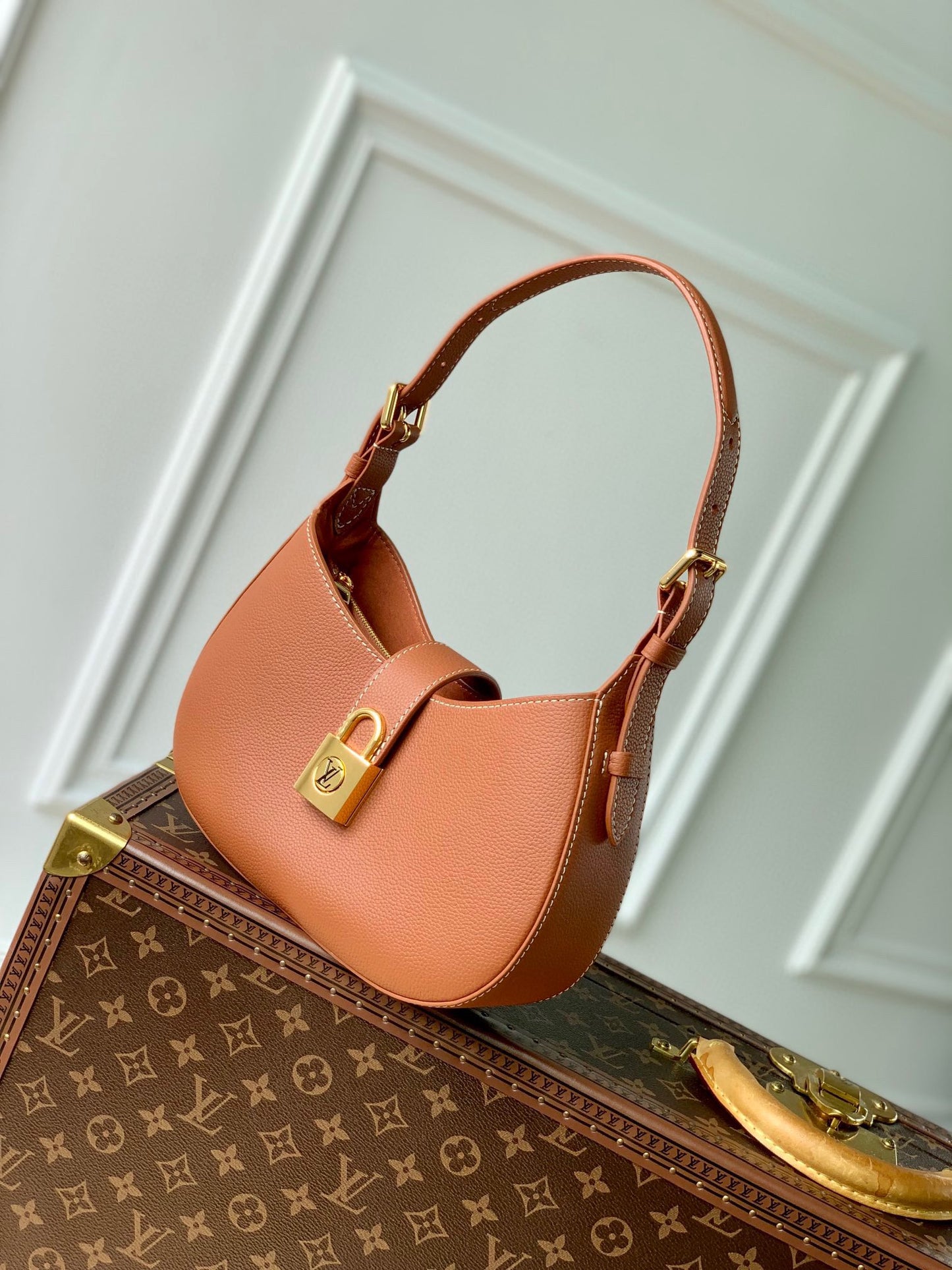 Louis Vuitton Classic Tan Leather Crescent Shoulder Bag with Gold Padlock