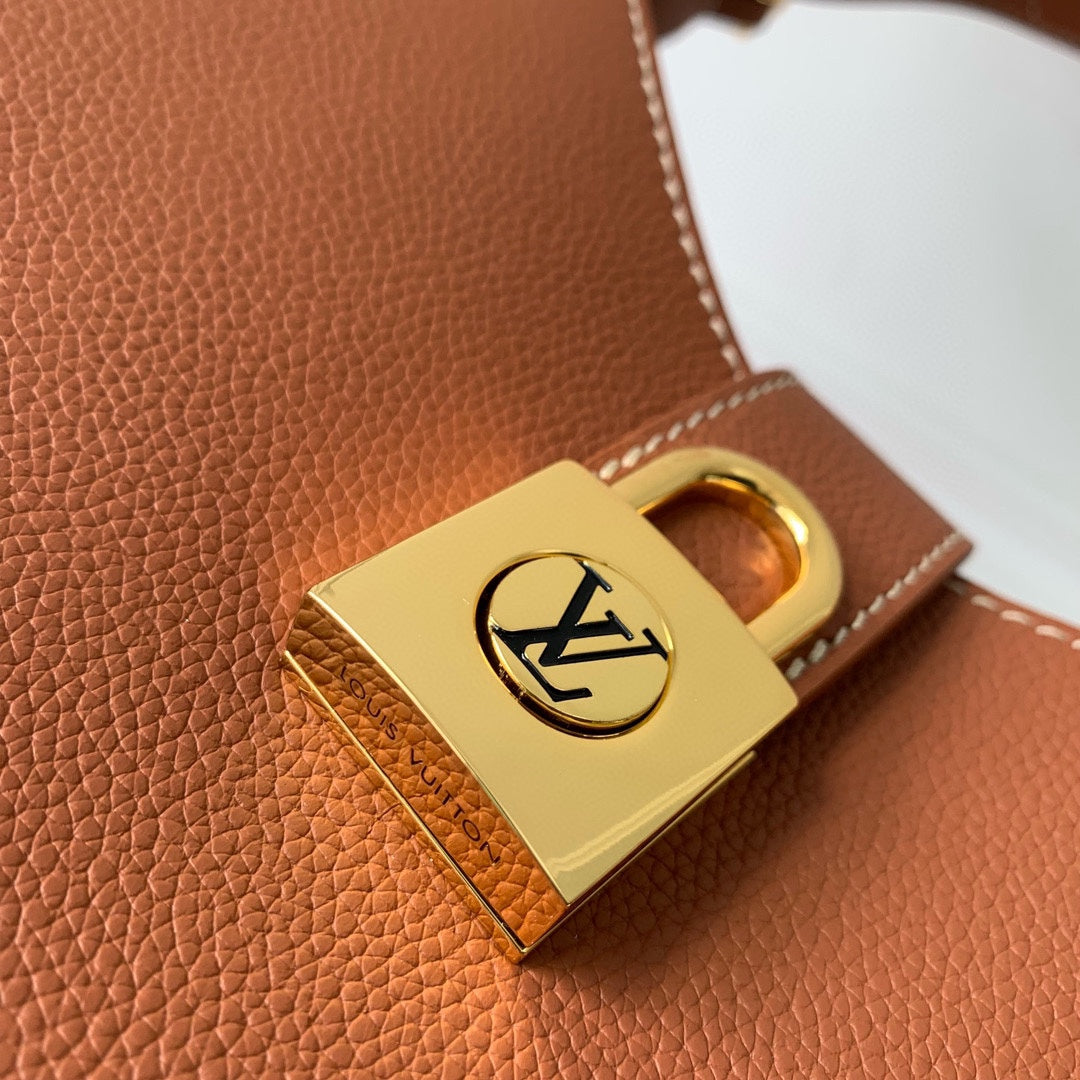 Louis Vuitton Classic Tan Leather Crescent Shoulder Bag with Gold Padlock