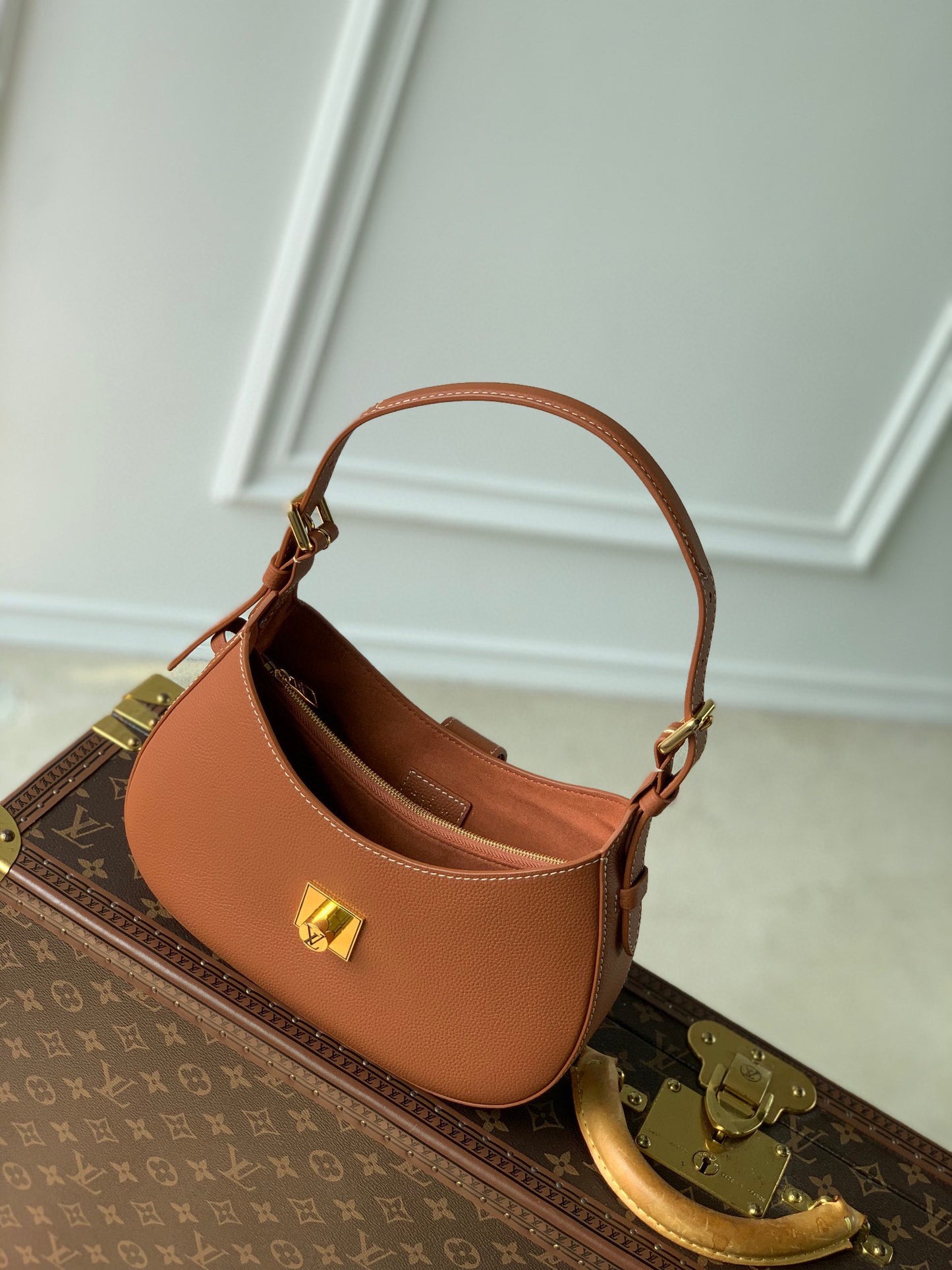 Louis Vuitton Classic Tan Leather Crescent Shoulder Bag with Gold Padlock