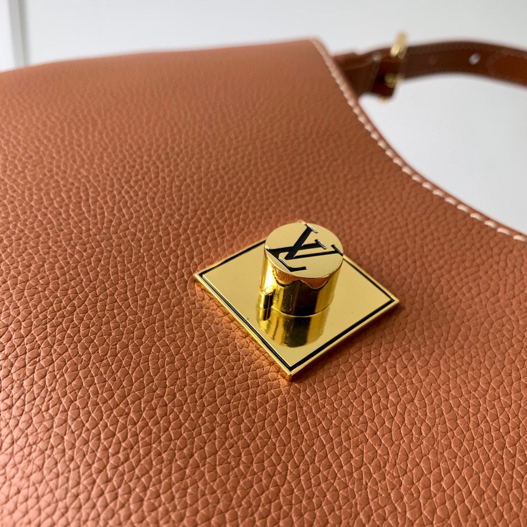 Louis Vuitton Classic Tan Leather Crescent Shoulder Bag with Gold Padlock