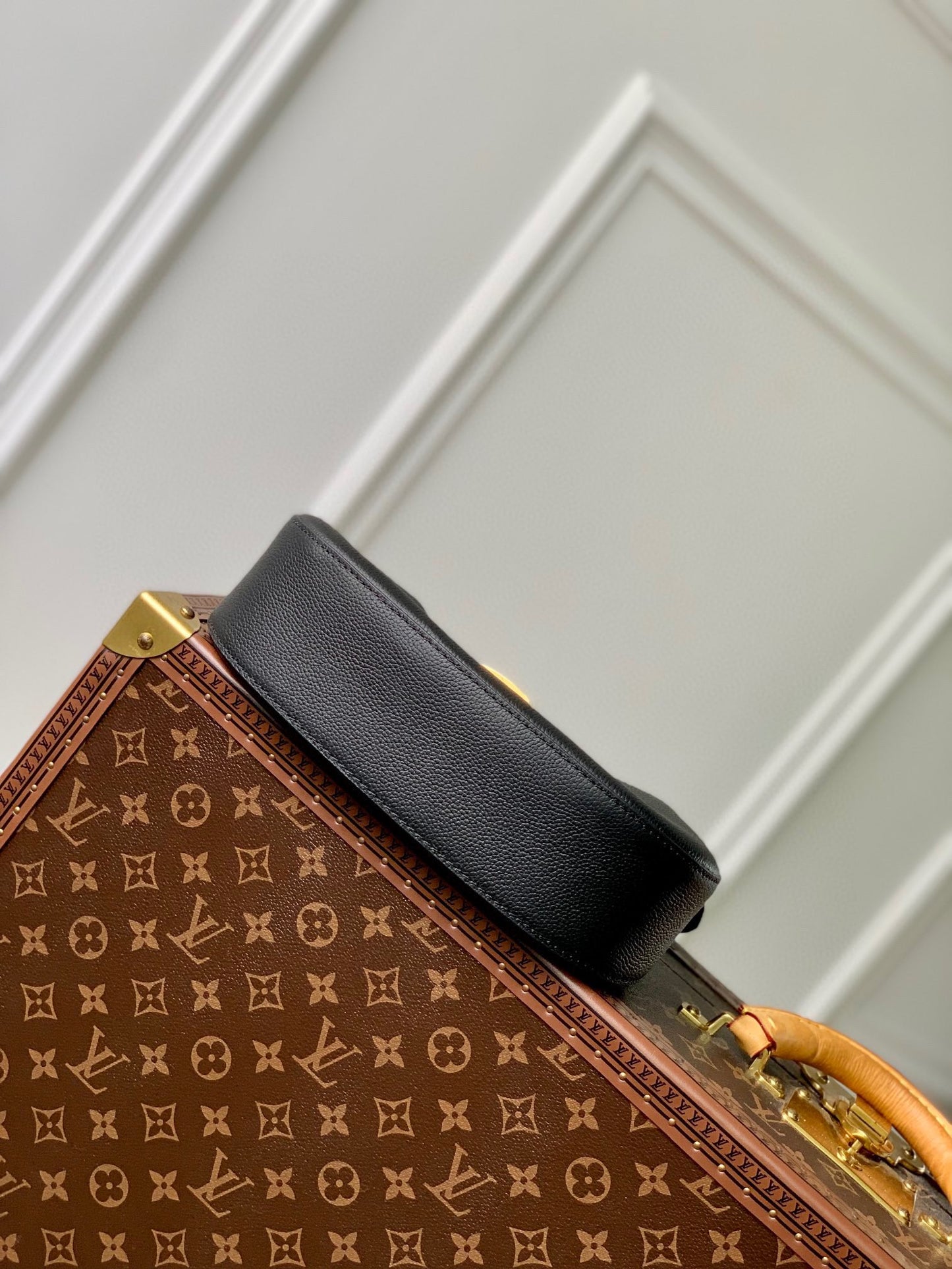 Louis Vuitton Classic Black Textured Leather Hobo Bag with Gold Padlock Clasp