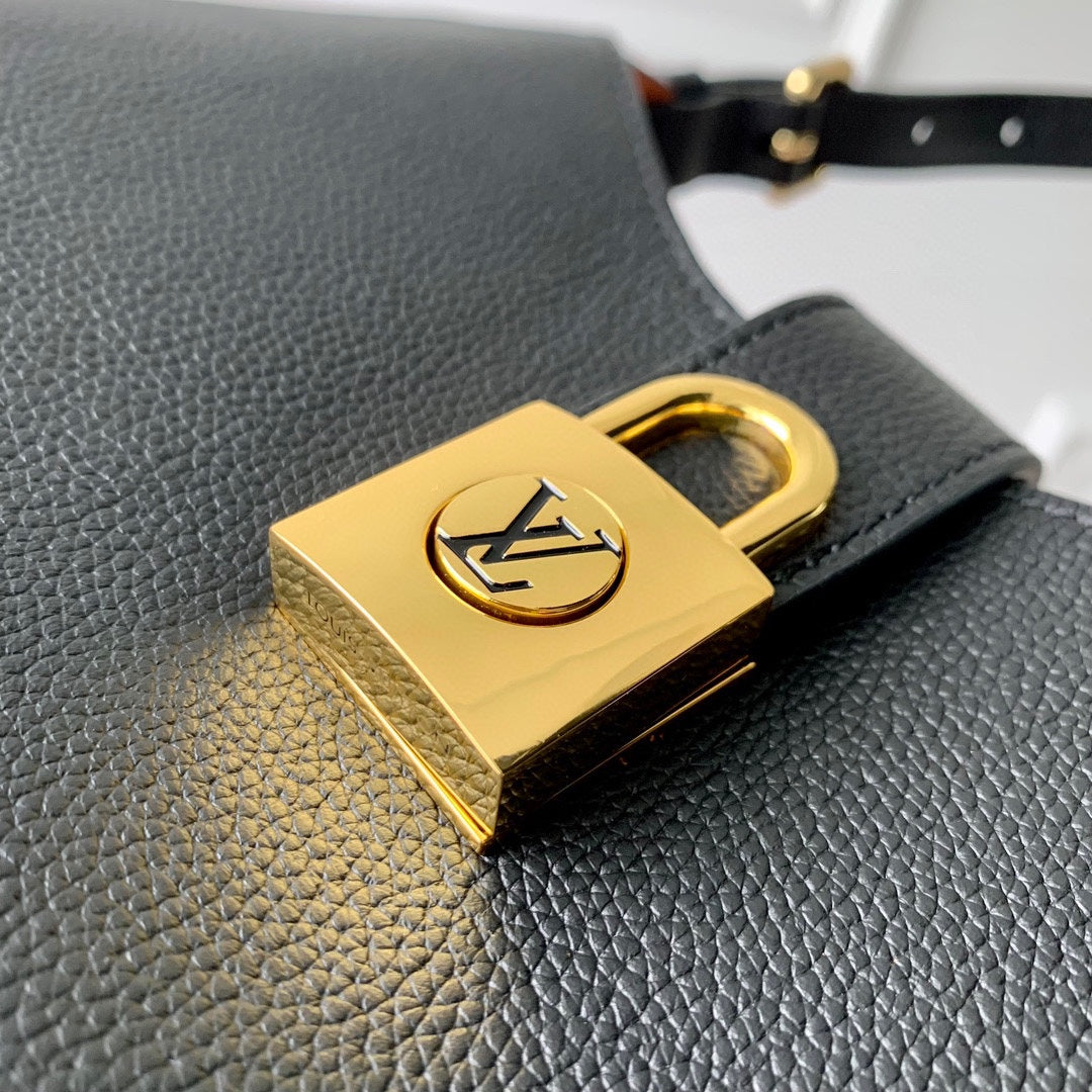 Louis Vuitton Classic Black Textured Leather Hobo Bag with Gold Padlock Clasp