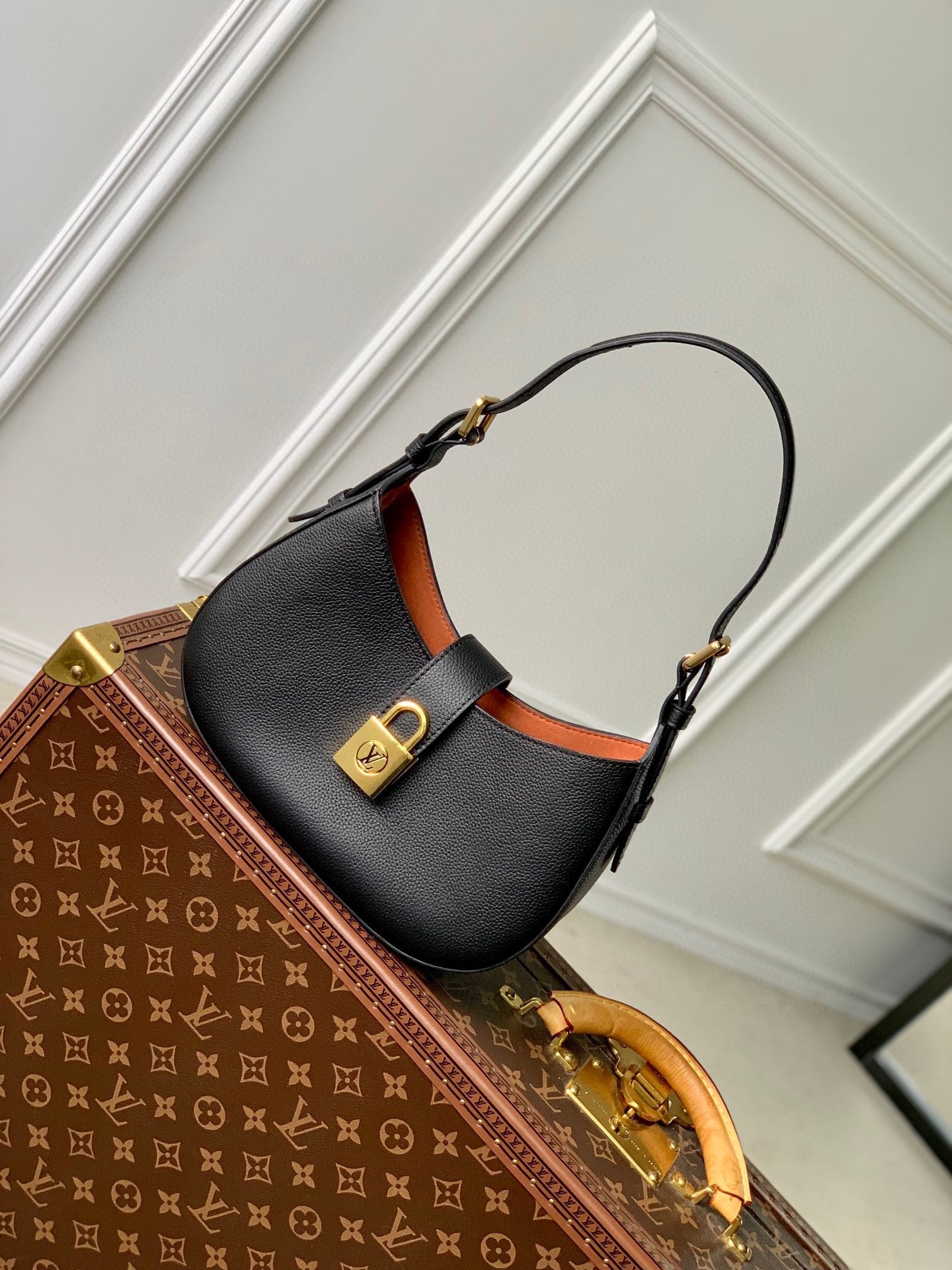 Louis Vuitton Classic Black Textured Leather Hobo Bag with Gold Padlock Clasp