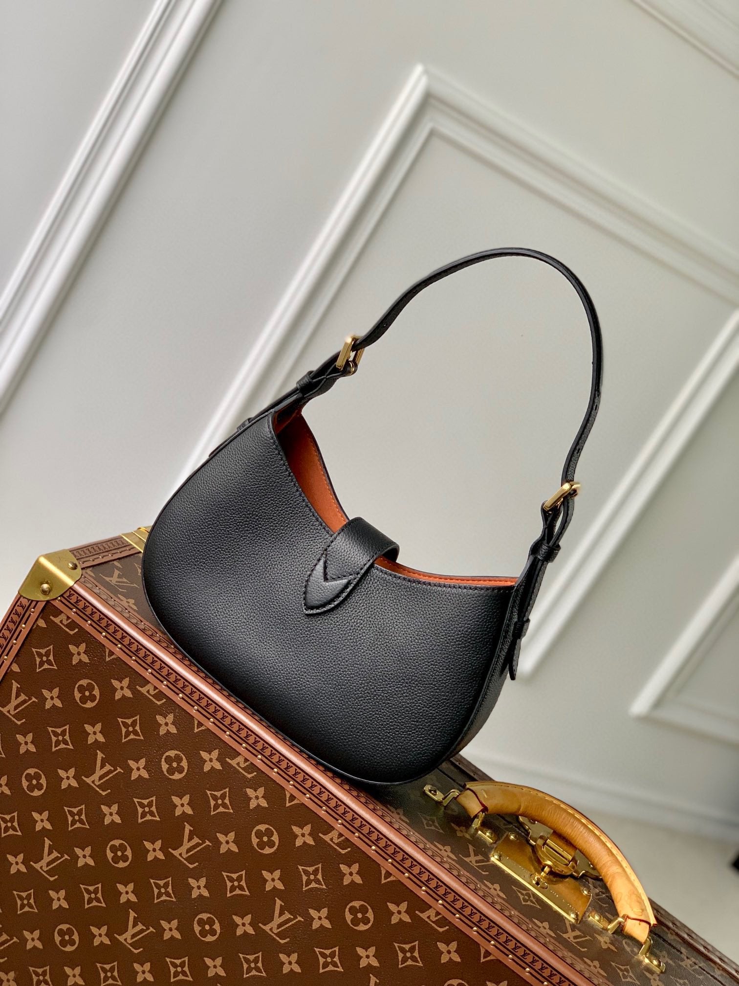 Louis Vuitton Classic Black Textured Leather Hobo Bag with Gold Padlock Clasp
