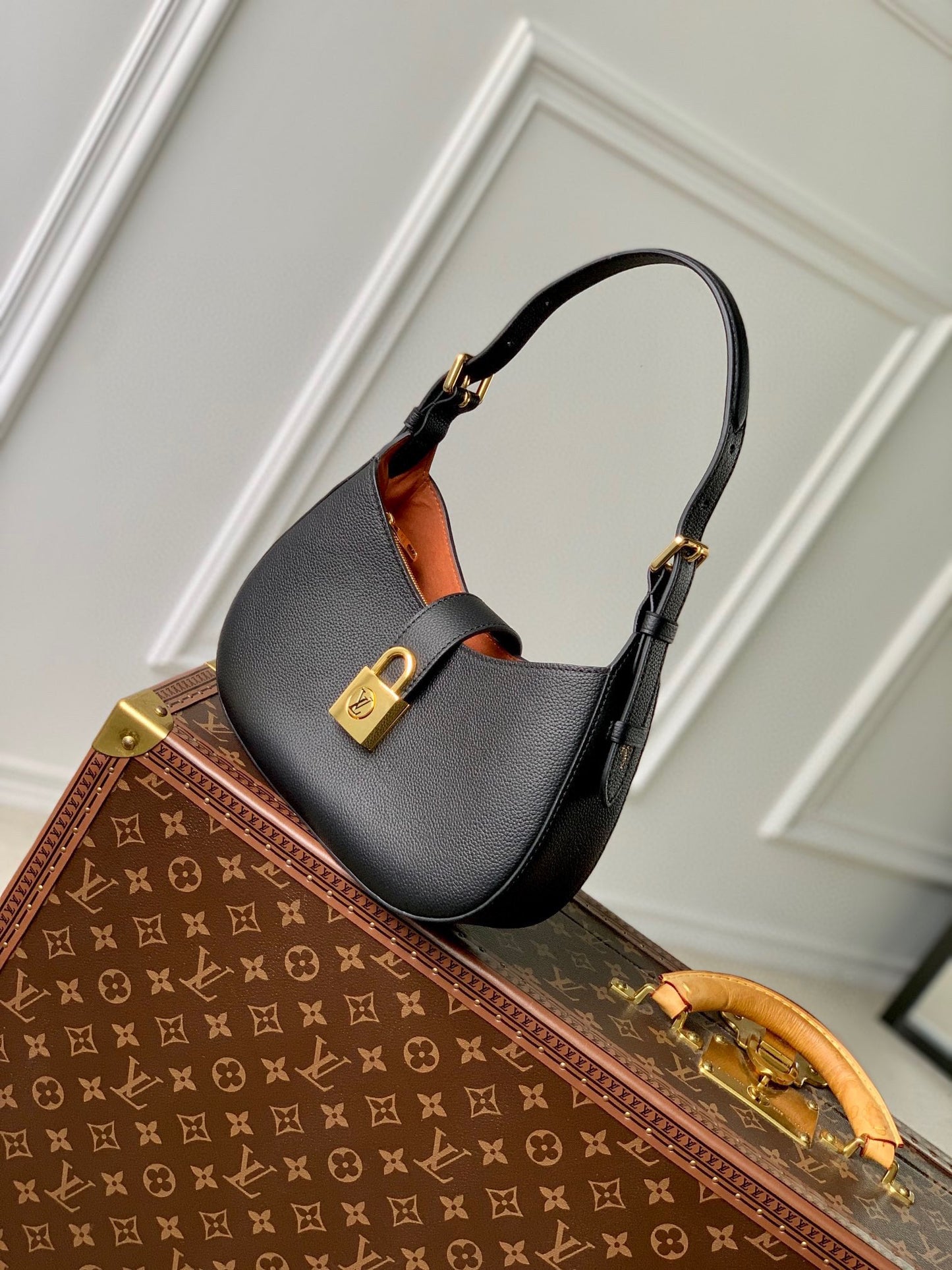 Louis Vuitton Classic Black Textured Leather Hobo Bag with Gold Padlock Clasp