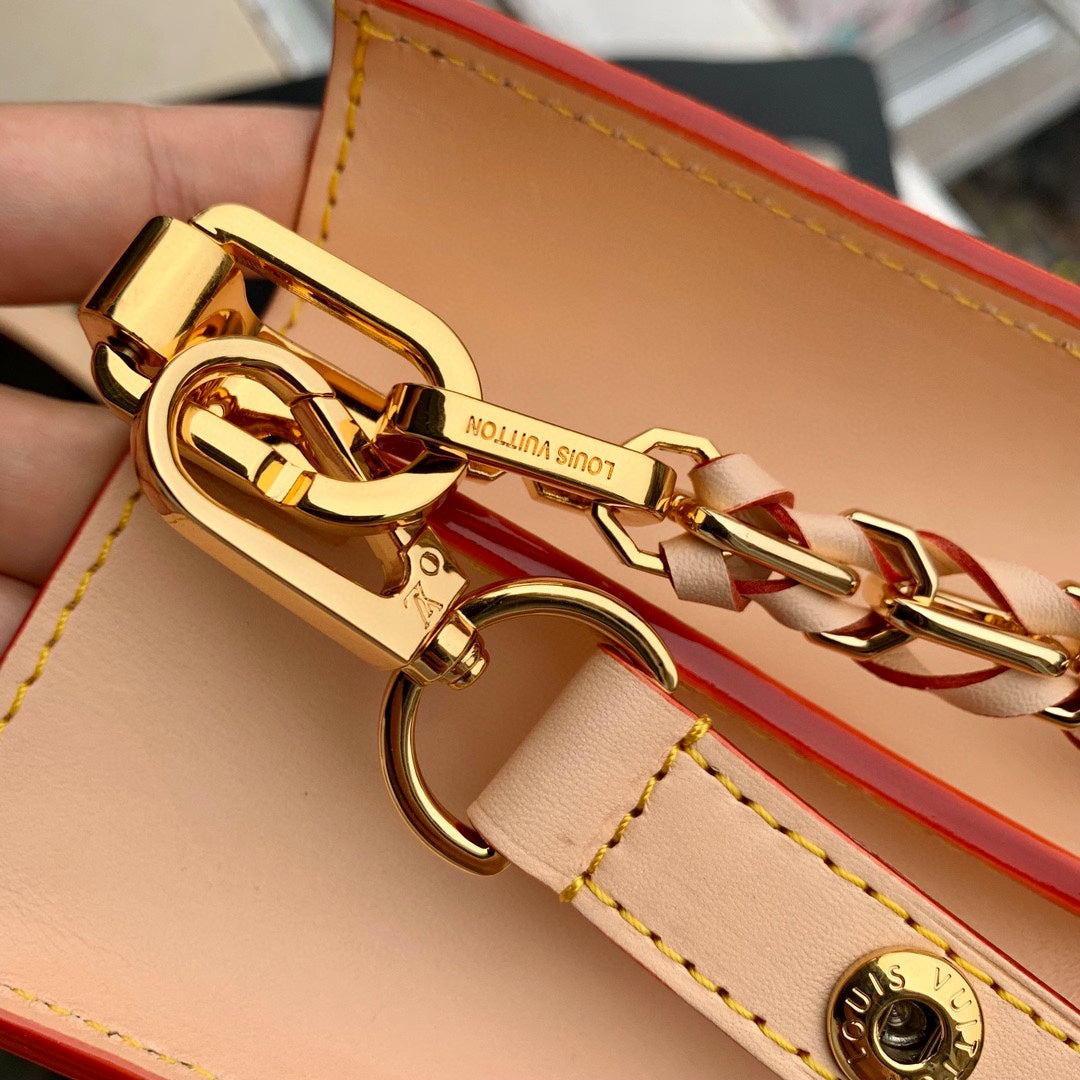White Monogram Mini Crossbody Bag with Tan Leather Trim and Braided Chain Handle