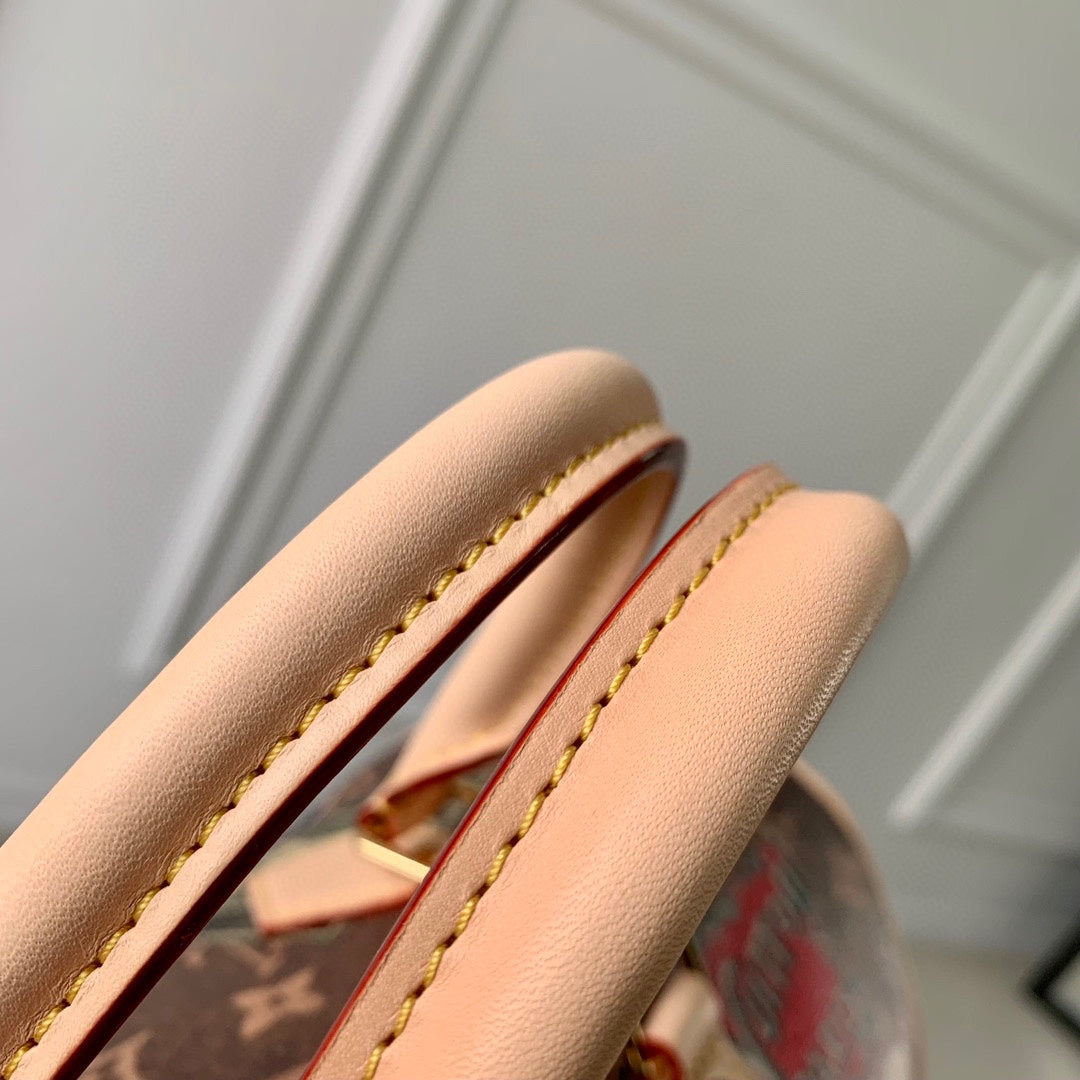 Louis Vuitton Vintage Brown Monogram Satchel Bag with Travel Sticker Print