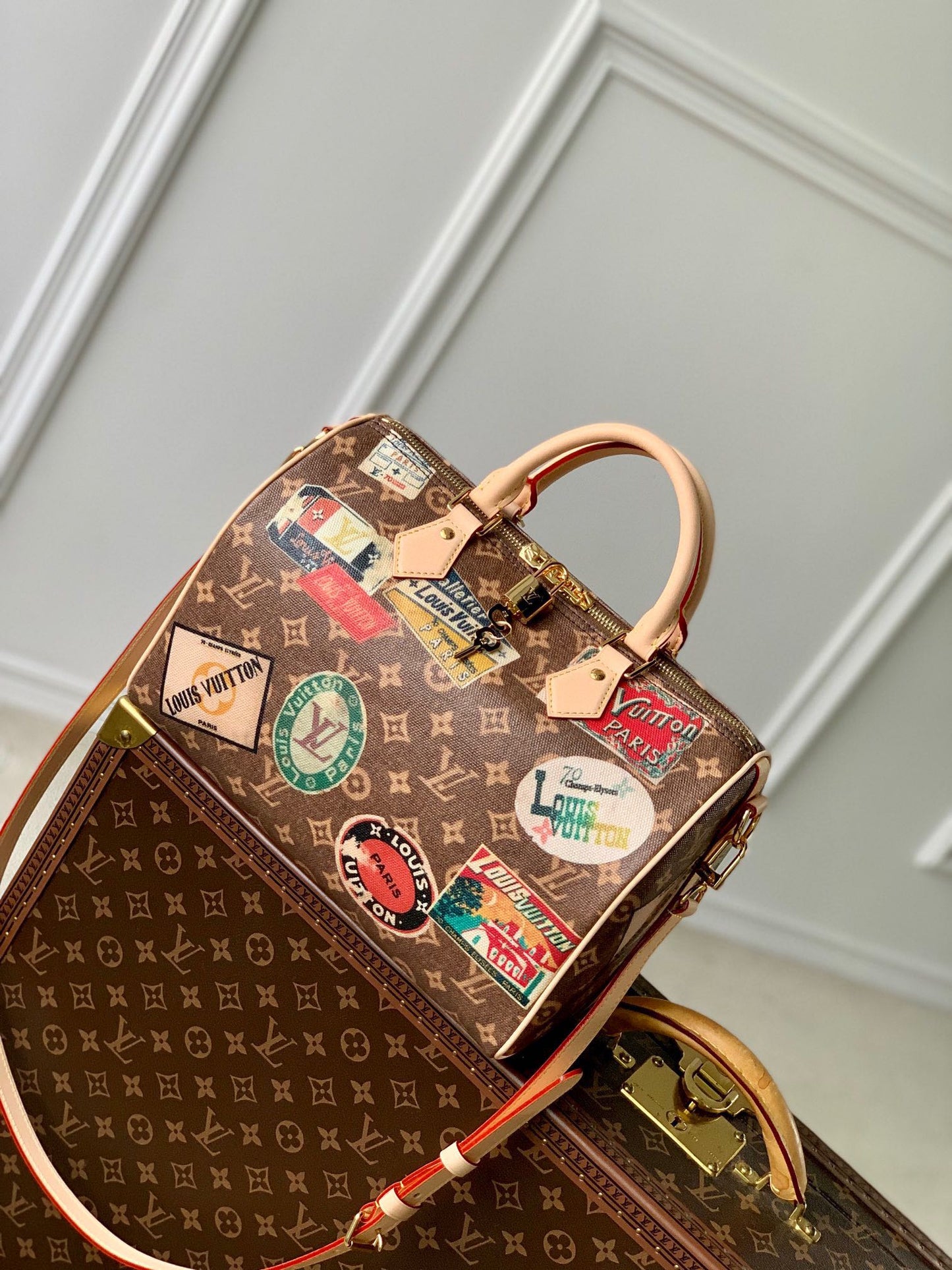Louis Vuitton Vintage Brown Monogram Satchel Bag with Travel Sticker Print