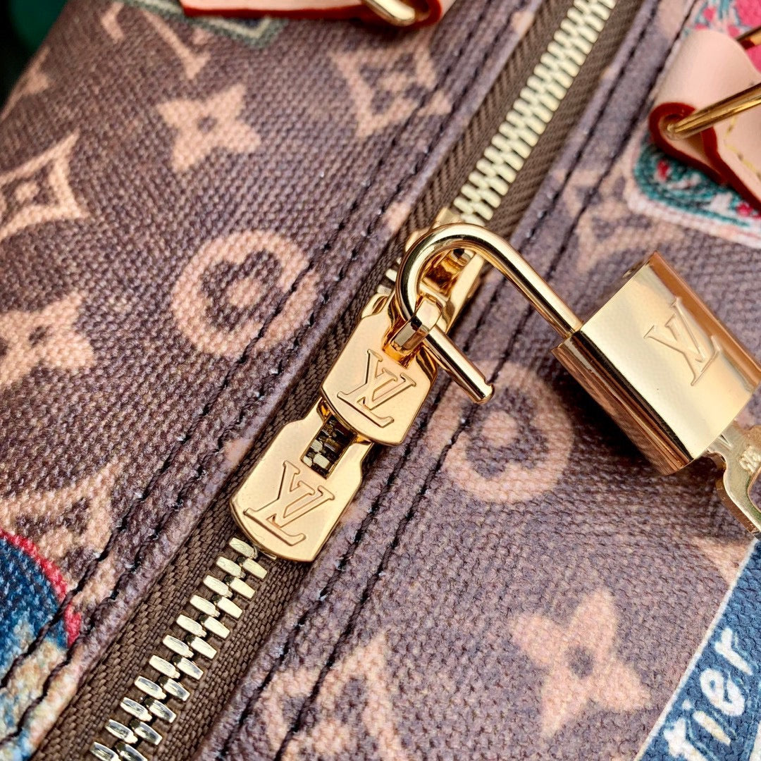 Louis Vuitton Vintage Brown Monogram Satchel Bag with Travel Sticker Print