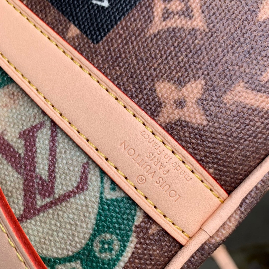 Louis Vuitton Vintage Brown Monogram Satchel Bag with Travel Sticker Print