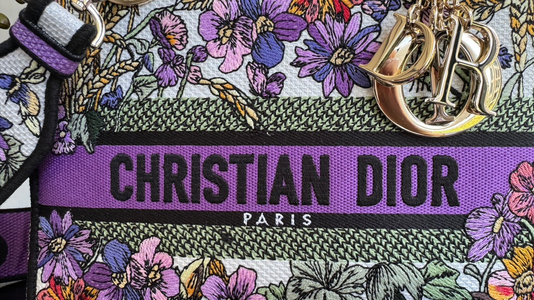 Dior Multicolor Floral Embroidered Canvas Handbag with Wide Shoulder Strap
