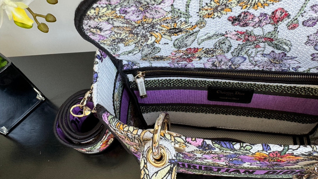 Dior Multicolor Floral Embroidered Canvas Handbag with Wide Shoulder Strap
