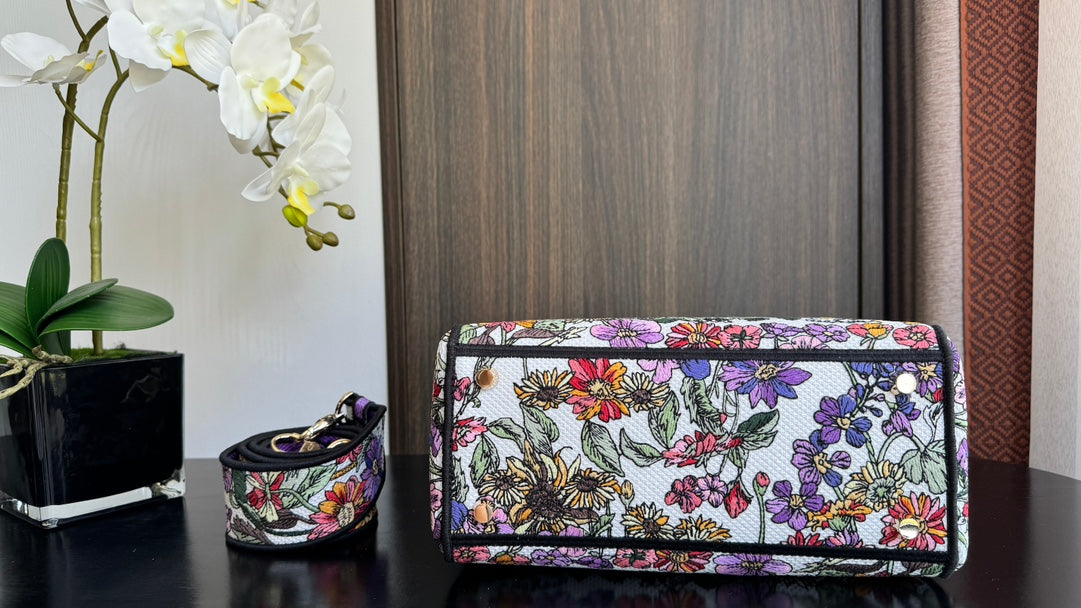 Dior Multicolor Floral Embroidered Canvas Handbag with Wide Shoulder Strap