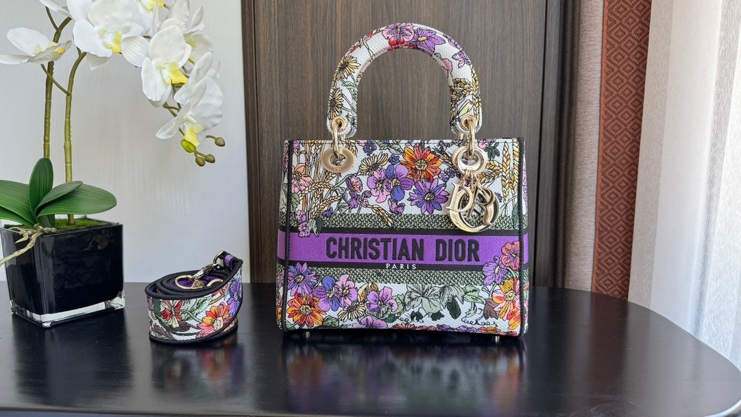 Dior Multicolor Floral Embroidered Canvas Handbag with Wide Shoulder Strap