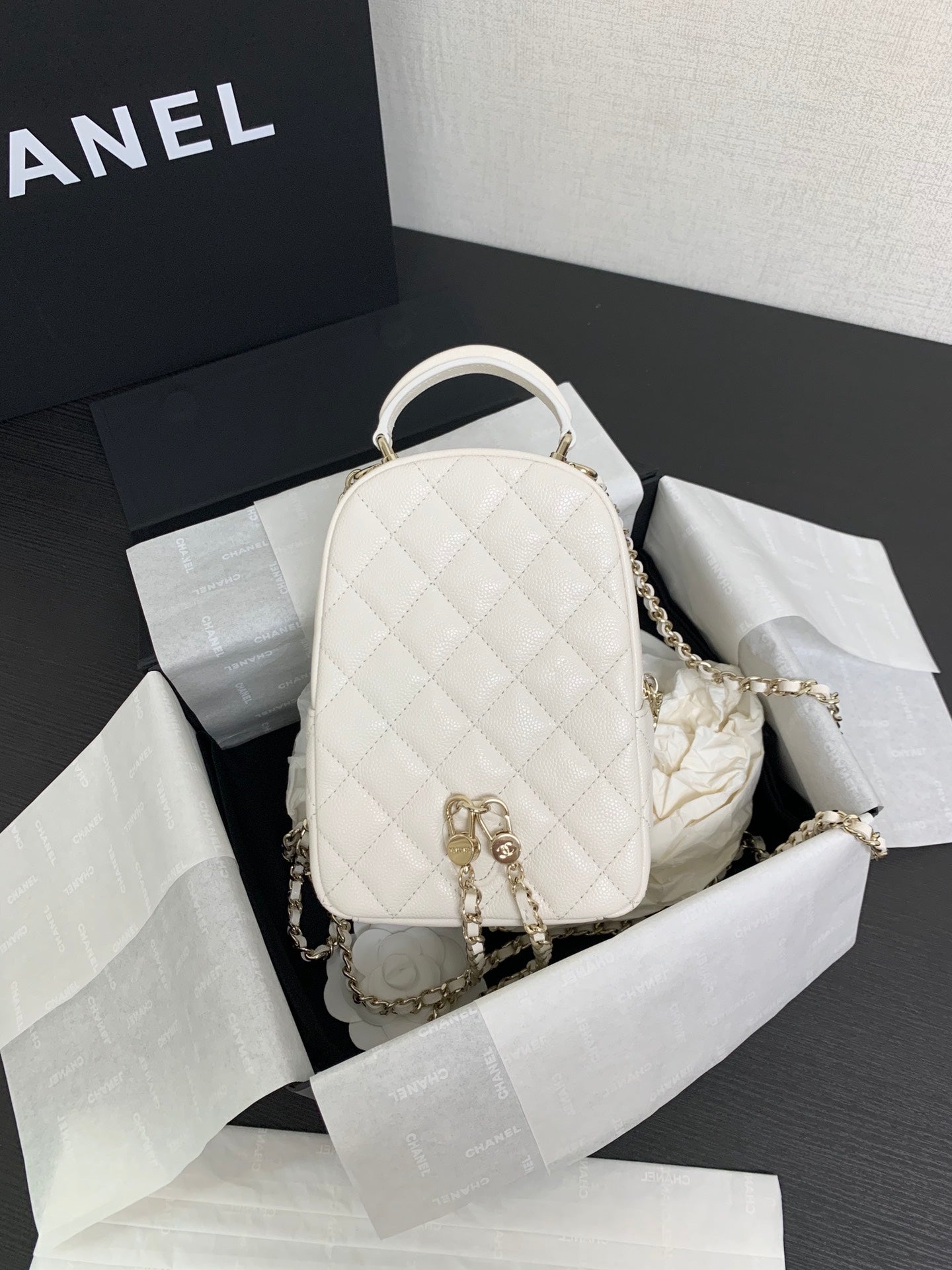 Chanel White Quilted Leather Mini Backpack with Gold-Tone CC Logo