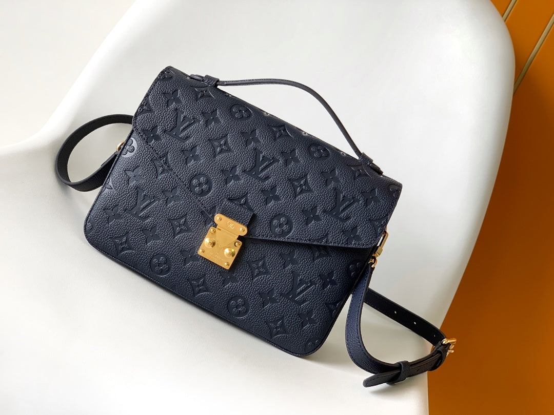 Louis Vuitton Navy Blue Embossed Monogram Leather Crossbody Satchel Bag