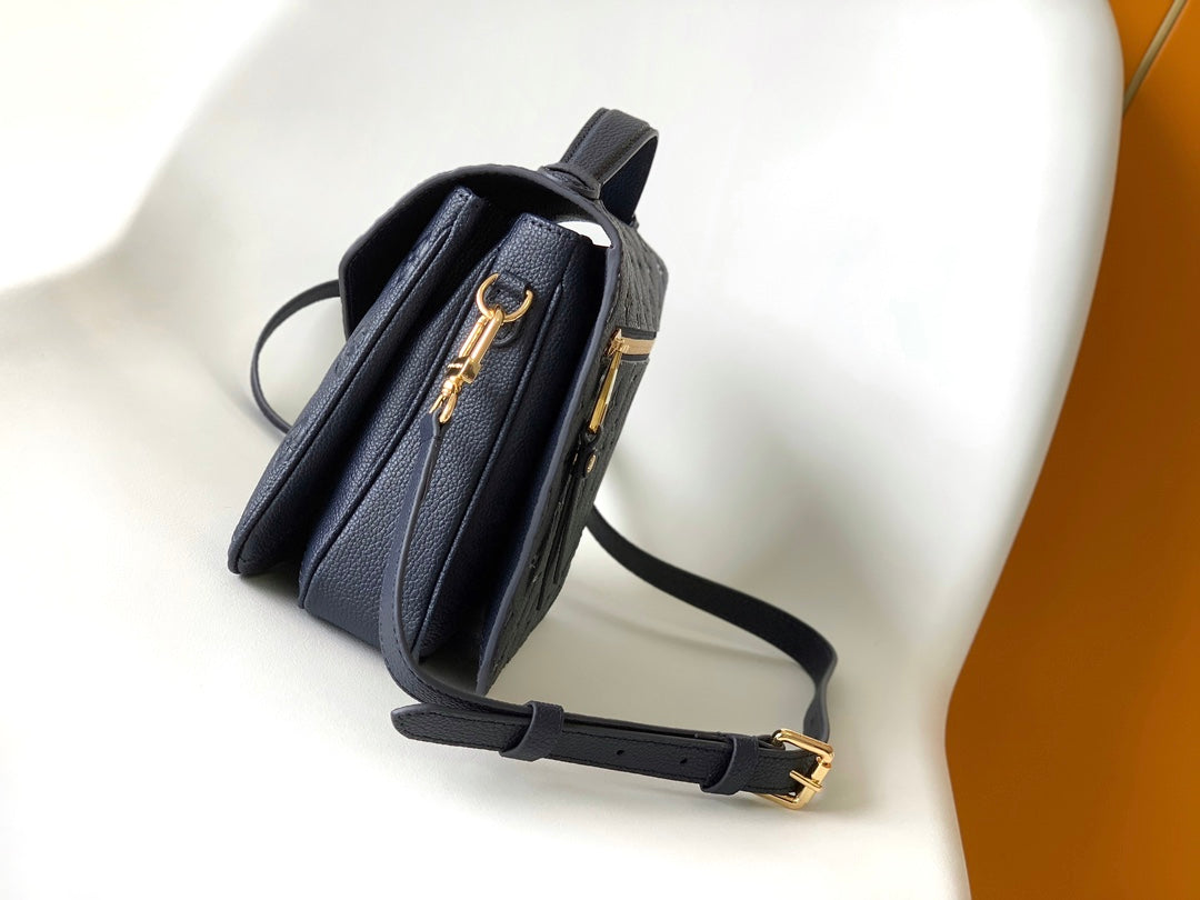Louis Vuitton Navy Blue Embossed Monogram Leather Crossbody Satchel Bag