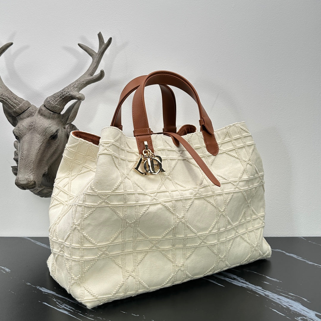 Dior Beige Cannage Quilted Canvas Handbag with Brown Leather Top Handles