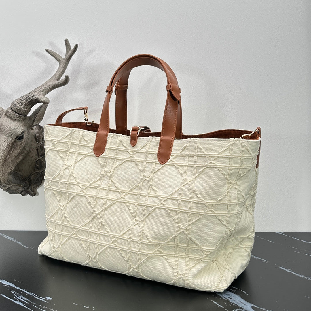 Elegant Quilted Canvas Tote Bag with Brown Leather Handles - Cream White